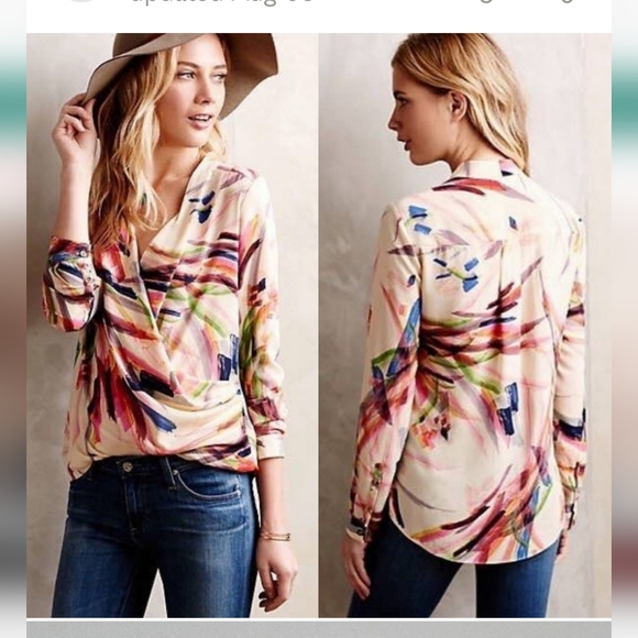 Anthropologie Blouse HD in Paris Watercolor Draped Surplice Neckline Camille 10 - Picture 3 of 10
